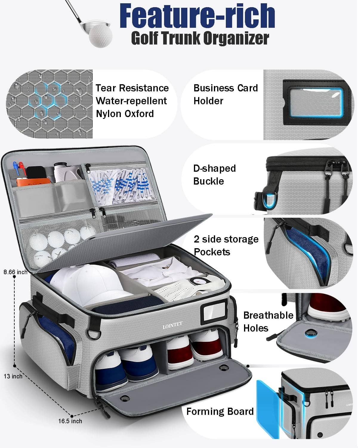 Gray waterproof golf trunk organizer with open lid, business card holder and side pockets