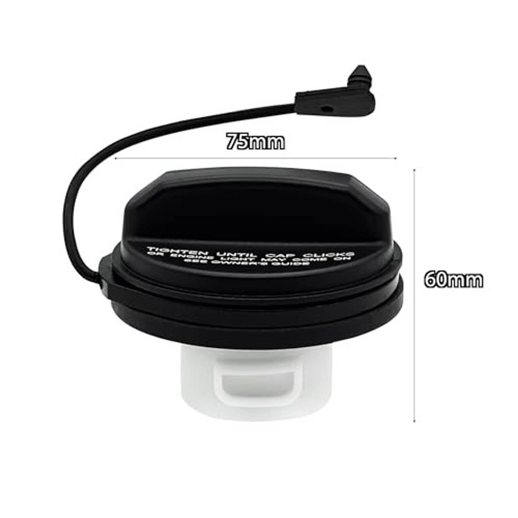 Black fuel filler cap with measurements: 75mm wide and 60mm tall; attached cord