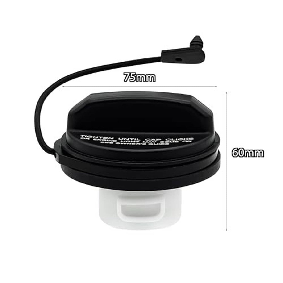 Black fuel filler cap with measurements: 75mm wide and 60mm tall; attached cord