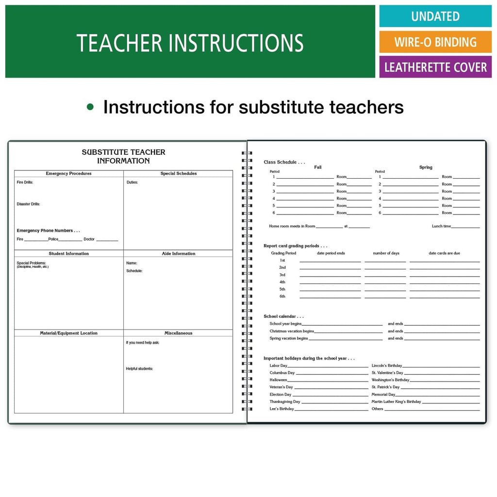 Teacher instruction pages for substitute teacher information, wire-o bound planner.