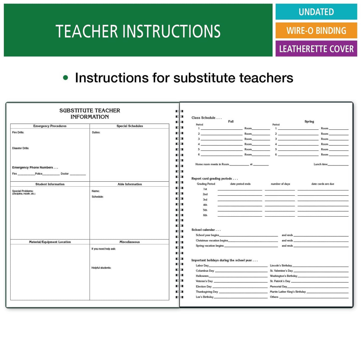 Teacher instruction pages for substitute teacher information, wire-o bound planner.