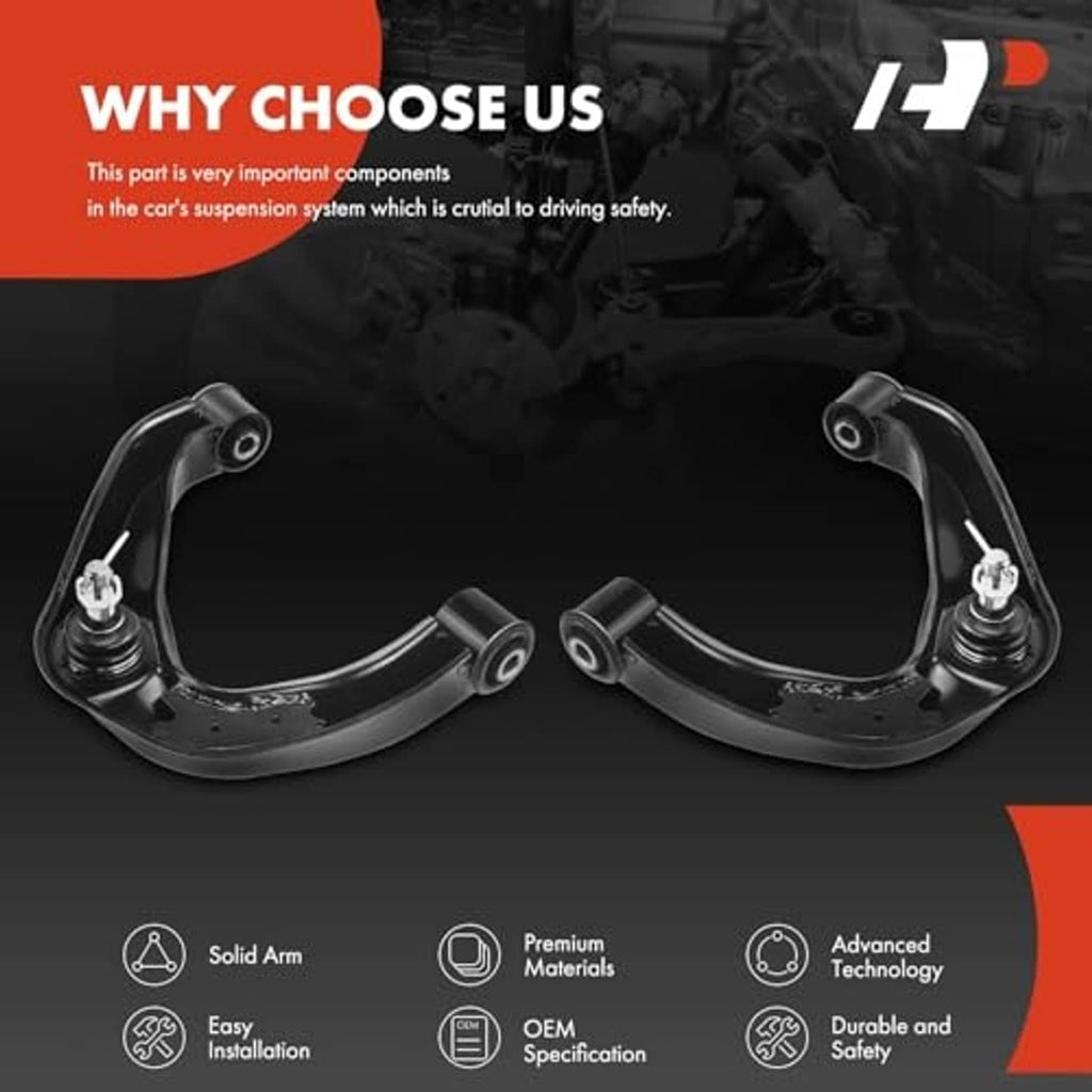 Two black front upper control arms with ball joints and bushings, front suspension set