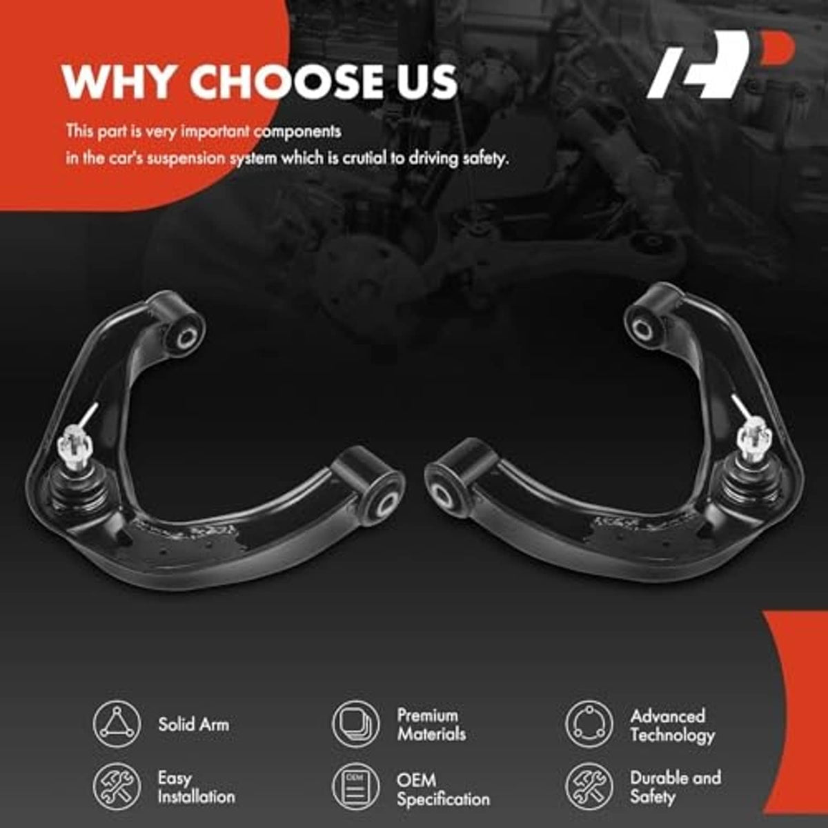 Two black front upper control arms with ball joints and bushings, front suspension set