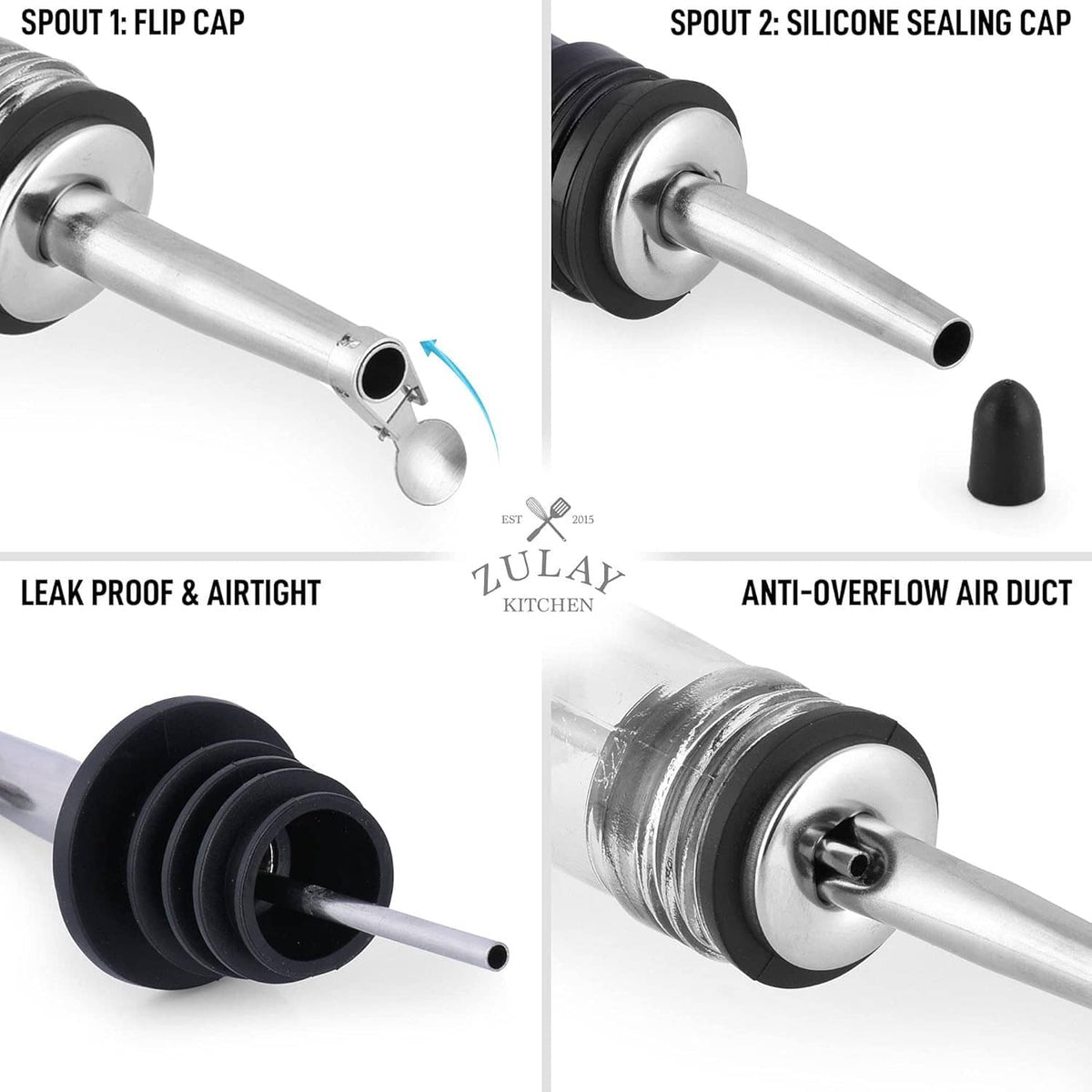 Stainless spout with flip cap and silicone sealing cap for olive oil dispenser