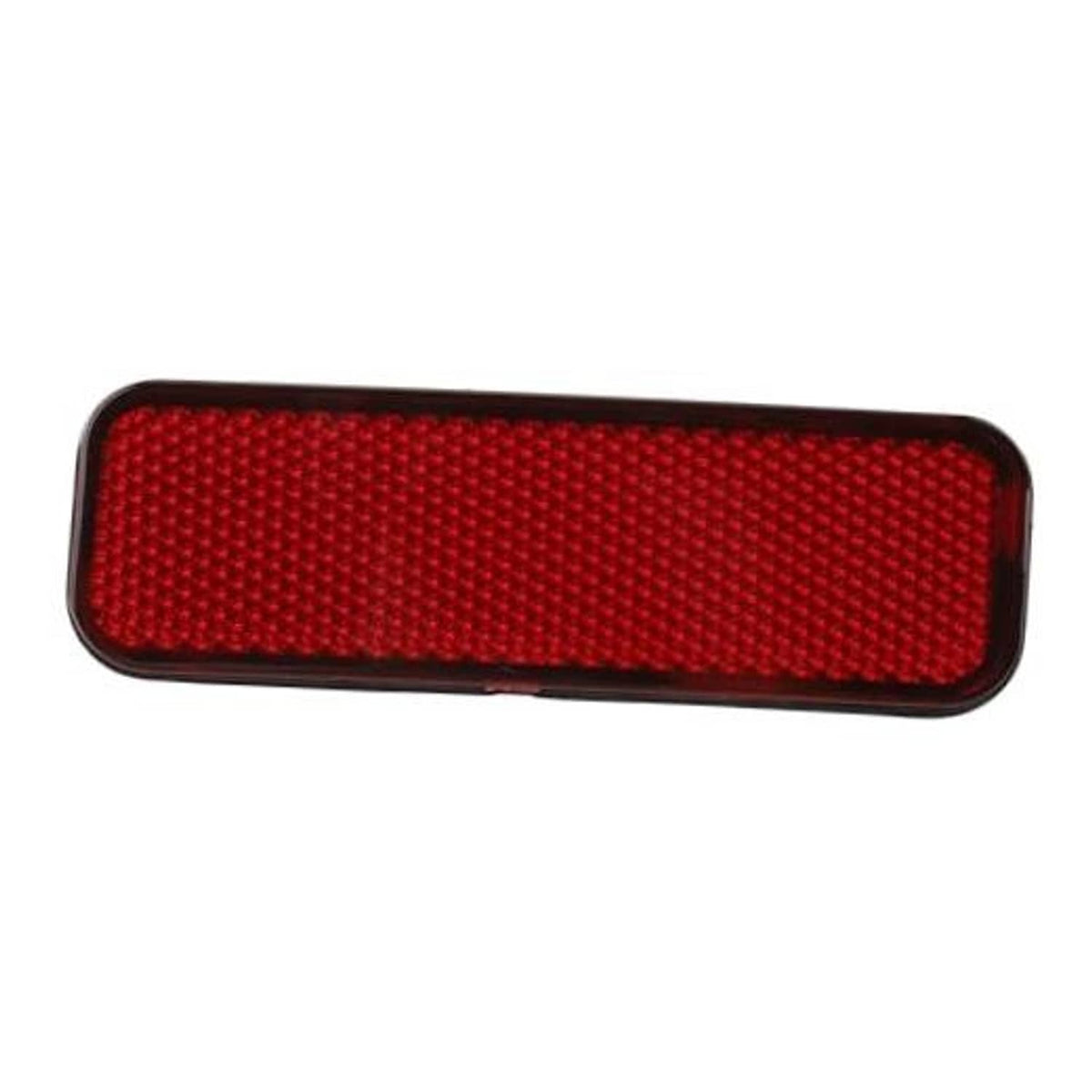 Red rear bumper reflector with textured lens and black border frame