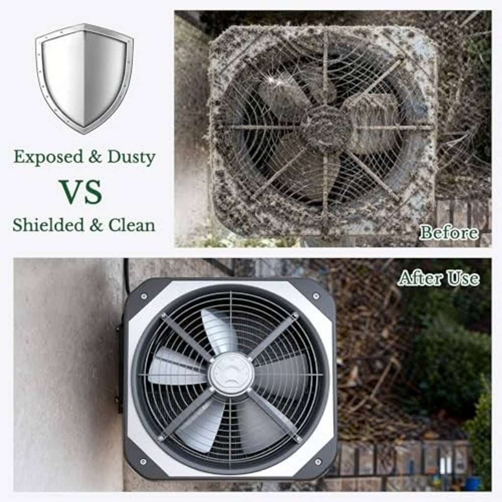 Outdoor central AC unit with black mesh protective cover over the front fan grille