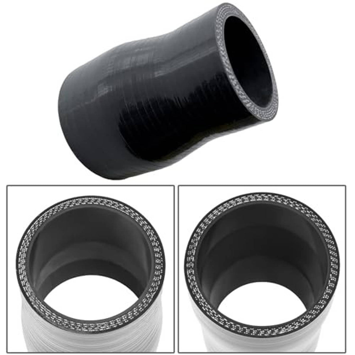 Black silicone reducer coupler hose, end opening shown from two angles with reinforced edge