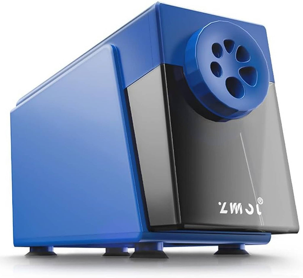 Blue electric pencil sharpener with paw-shaped 3-slot intake and gray base