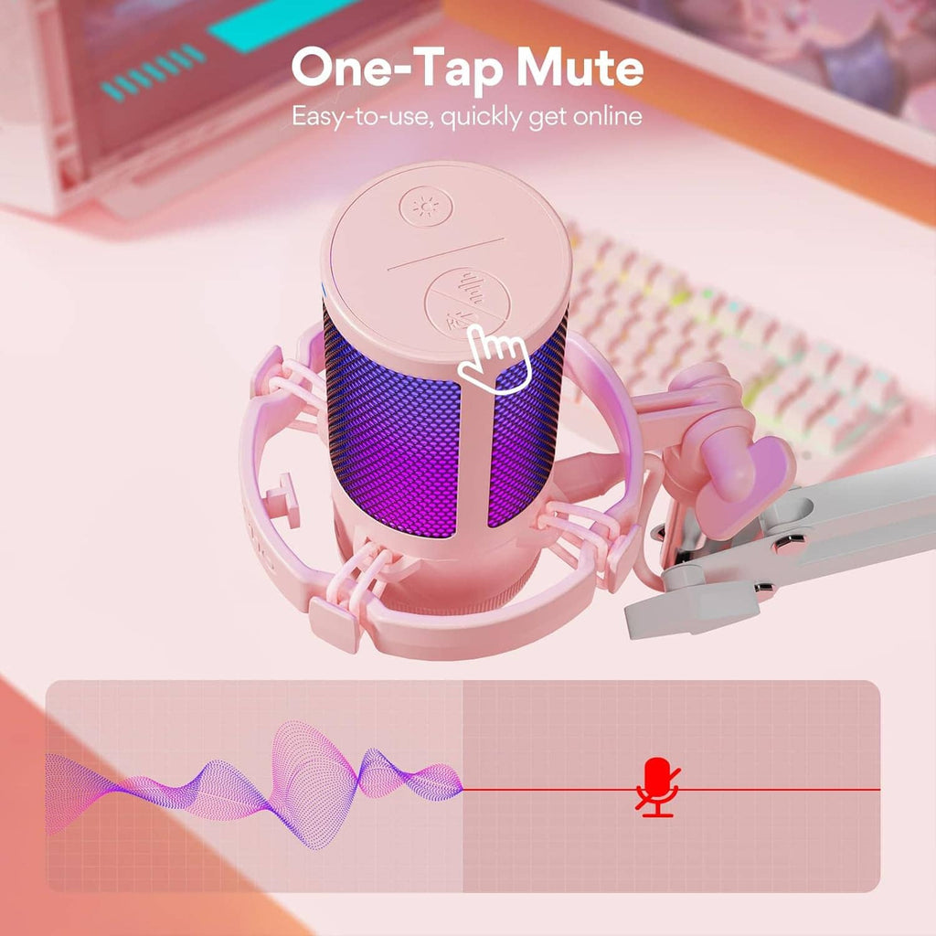 Pink microphone with one-tap mute button and purple LED grille