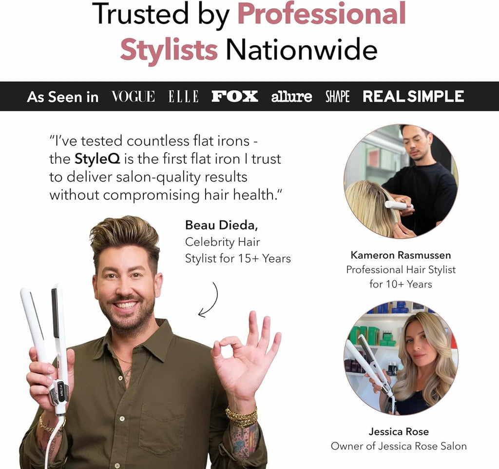 White hair straightener in hand held by a man styling hair.