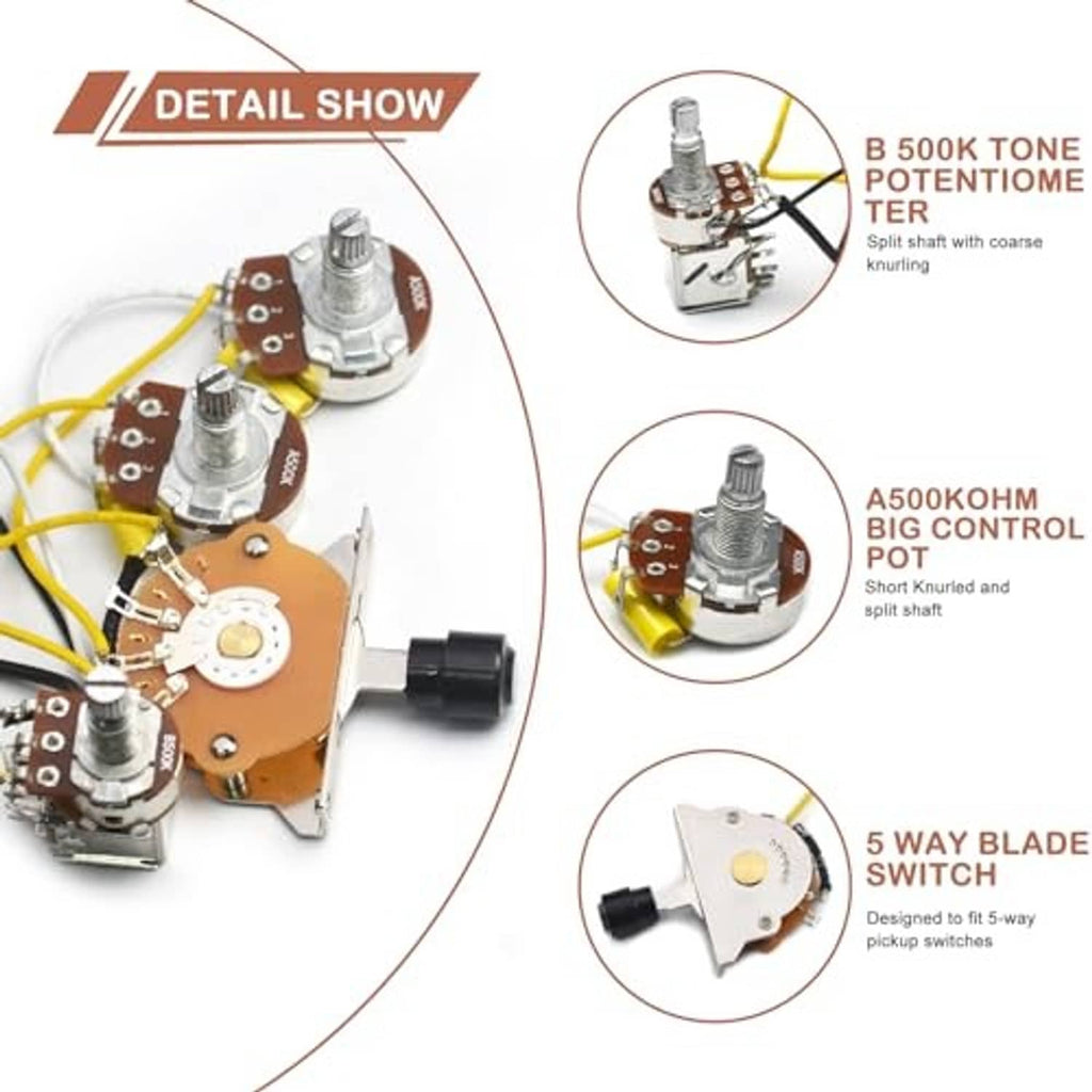Guitar wiring harness detail with 5-way blade switch, potentiometers, and capacitor components