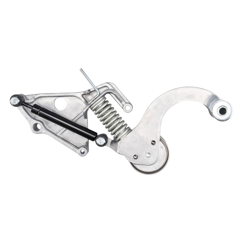 Belt tensioner assembly with large pulley wheel, coil spring, and metal arm