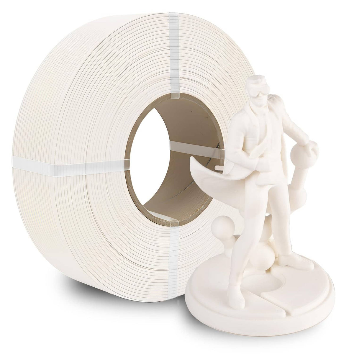 Matte PLA filament refill spool in cotton white, with small white test model
