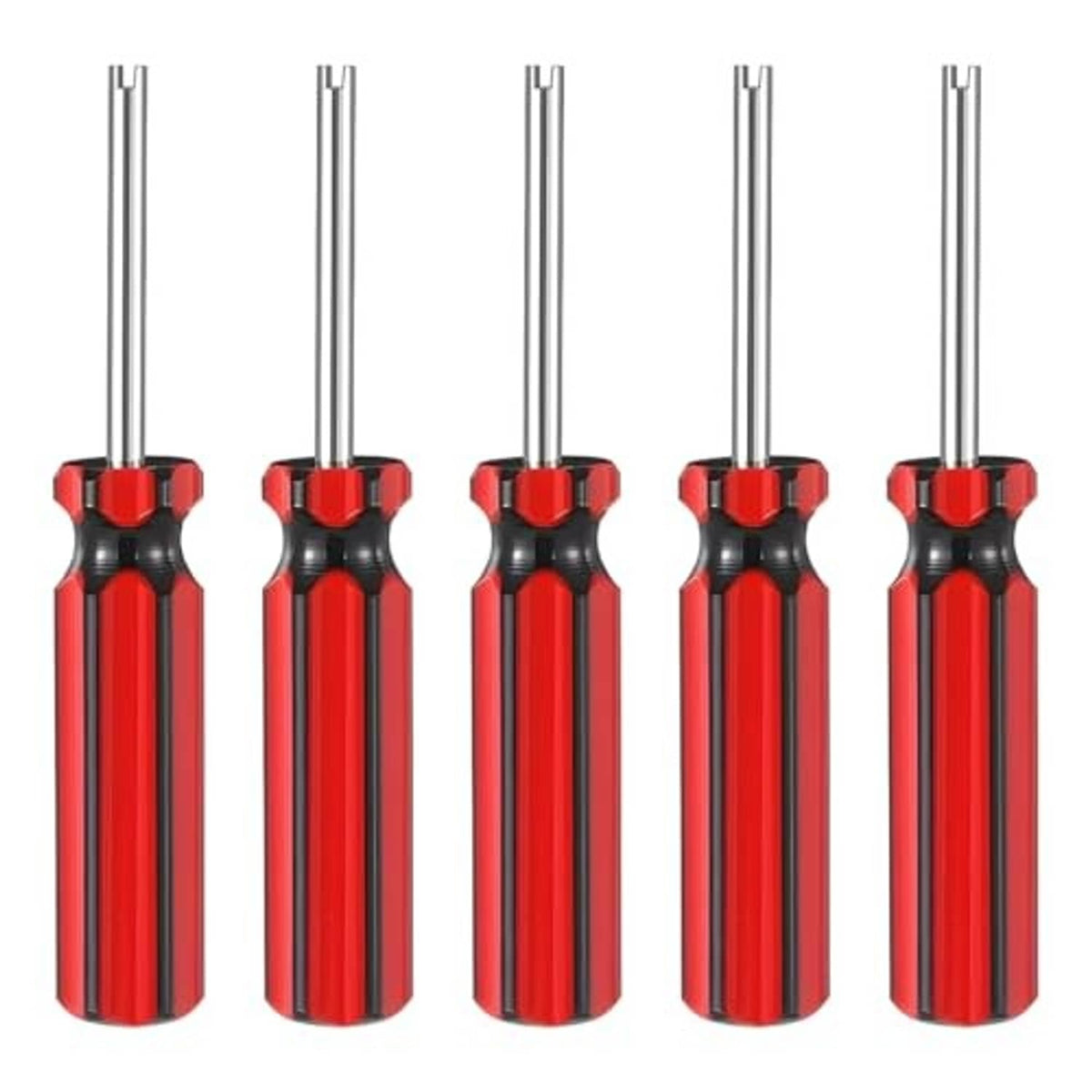 5-pack red-and-black valve core remover tools, each with double metal stems