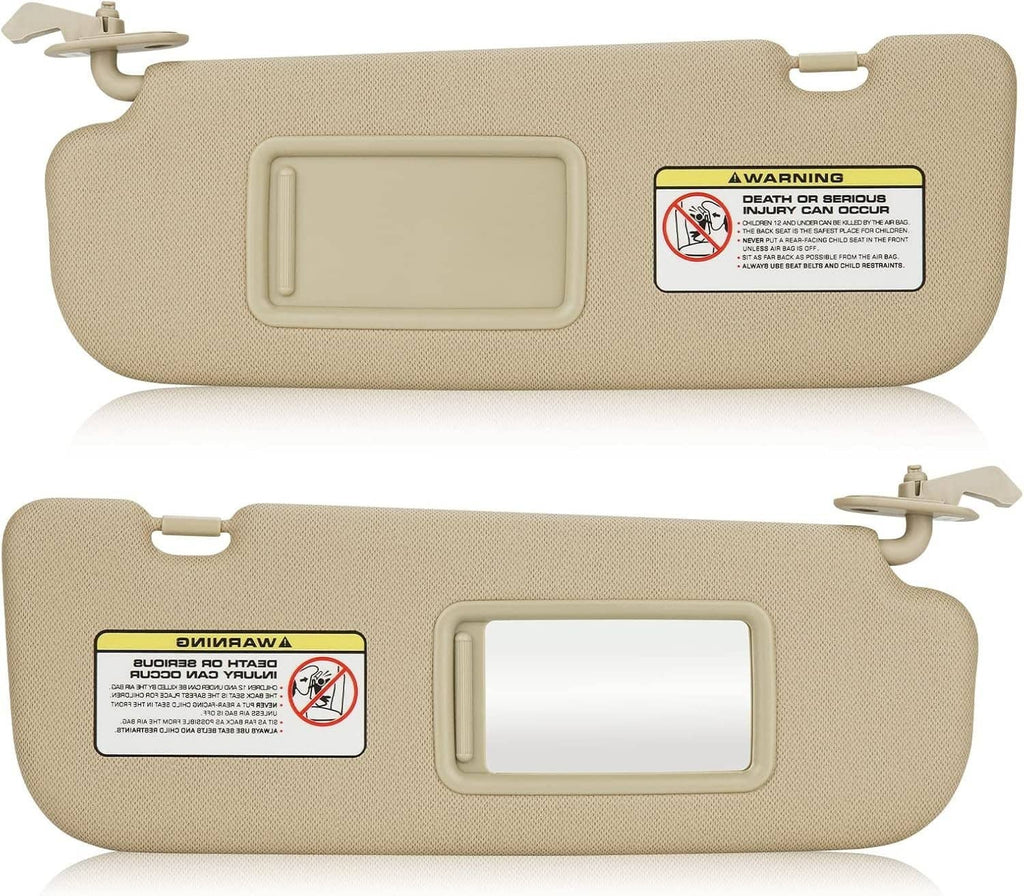 Beige sun visor pair with vanity mirrors, mounting clips, and warning label