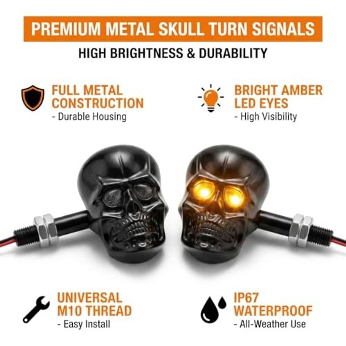 Black metal skull LED amber turn signal pair with two illuminated amber lenses