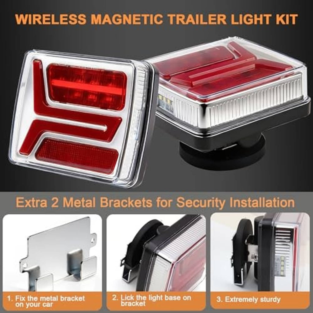 Trailer rear LED light with red lenses, clear housing, and two metal security brackets