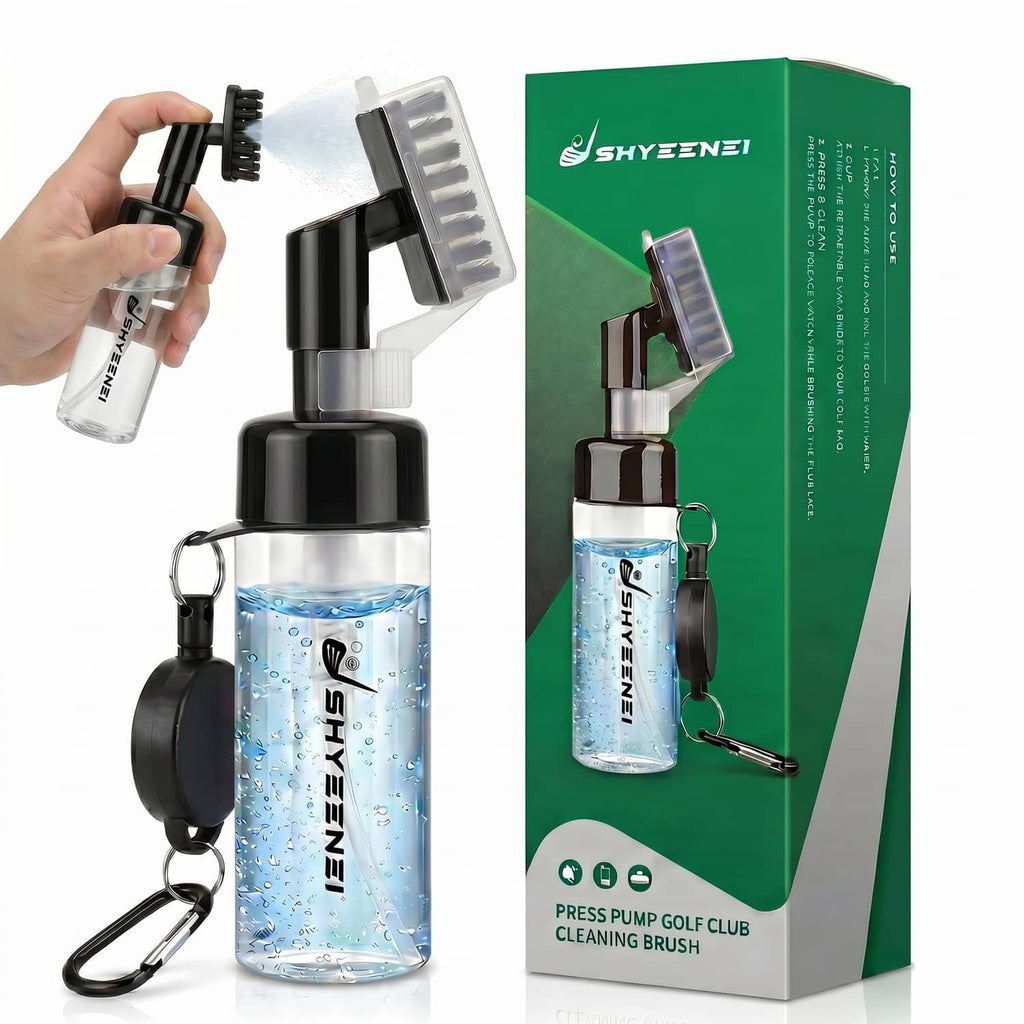 Portable golf club cleaner bottle with rotating brush head, protective cap, carabiner