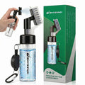 Portable golf club cleaner bottle with rotating brush head, protective cap, carabiner