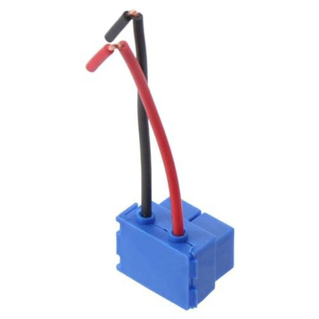Ceramic bulb socket pigtail with blue base and red/black wires extending upward