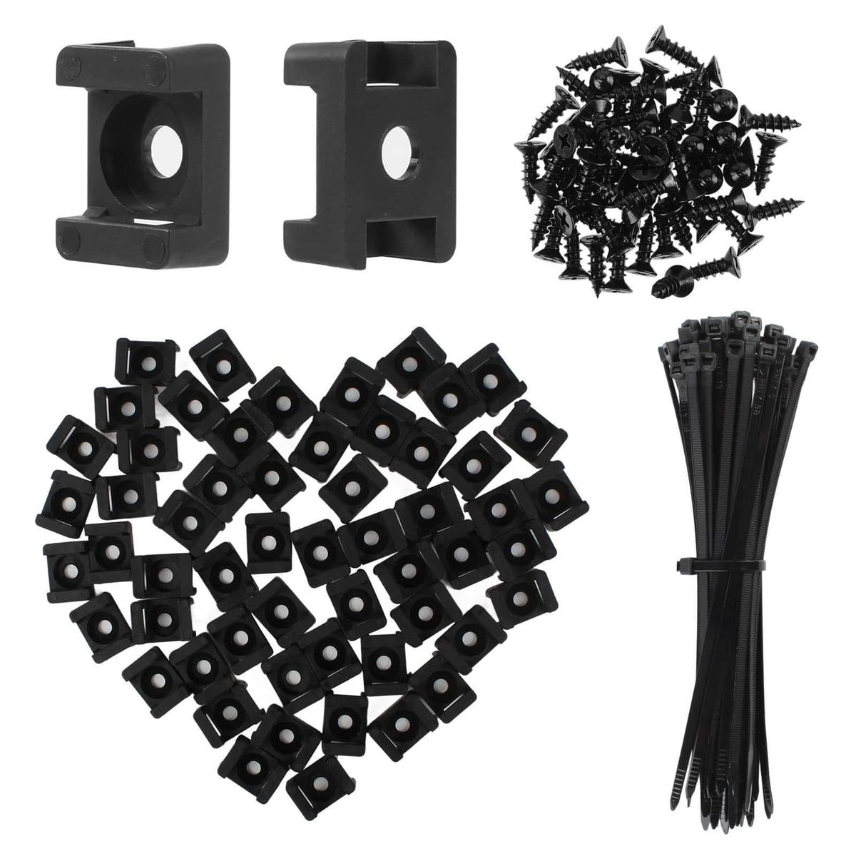 Black cable zip tie mounts, screws, and cable ties kit set