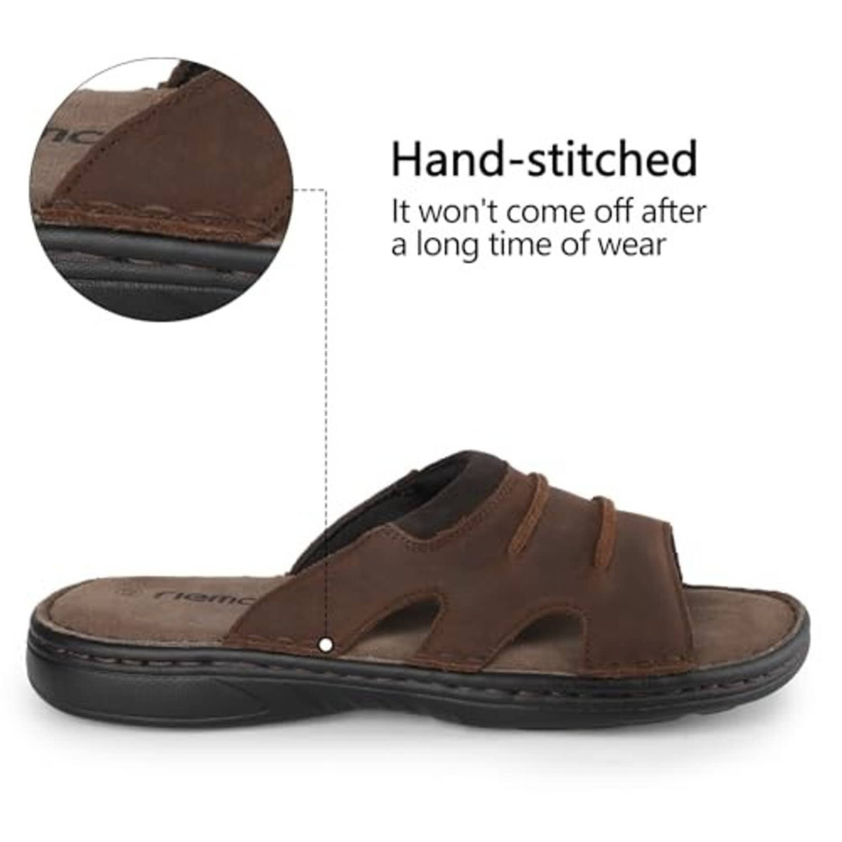 Dark brown leather slide sandal with hand-stitched trim and rubber sole