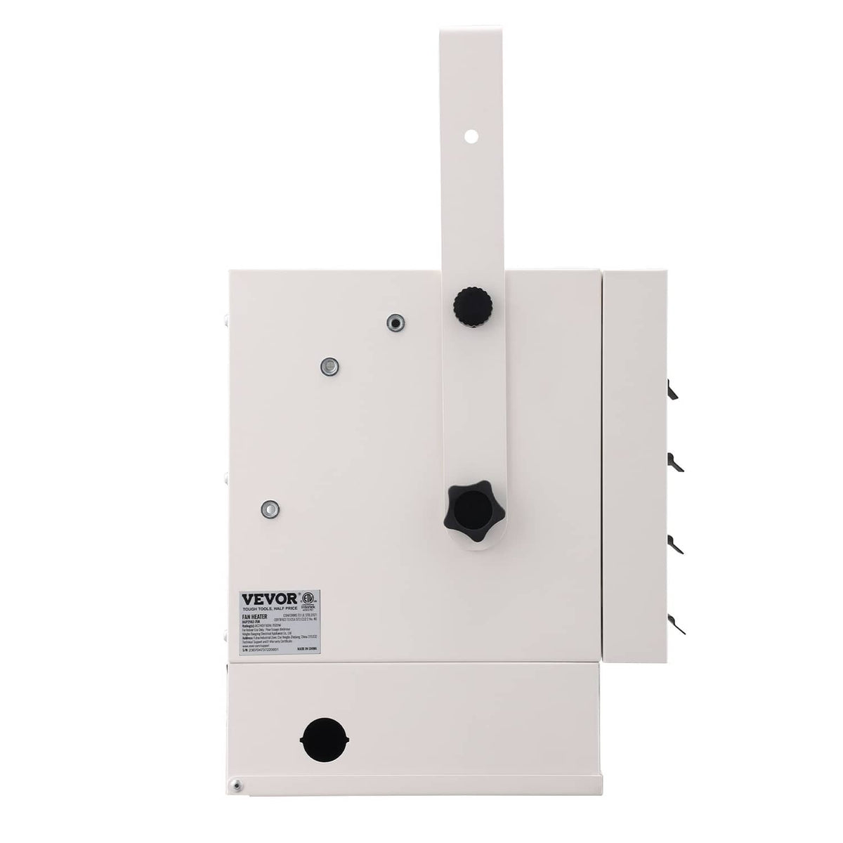 White electric garage heater with wall/ceiling mount bracket and control panel