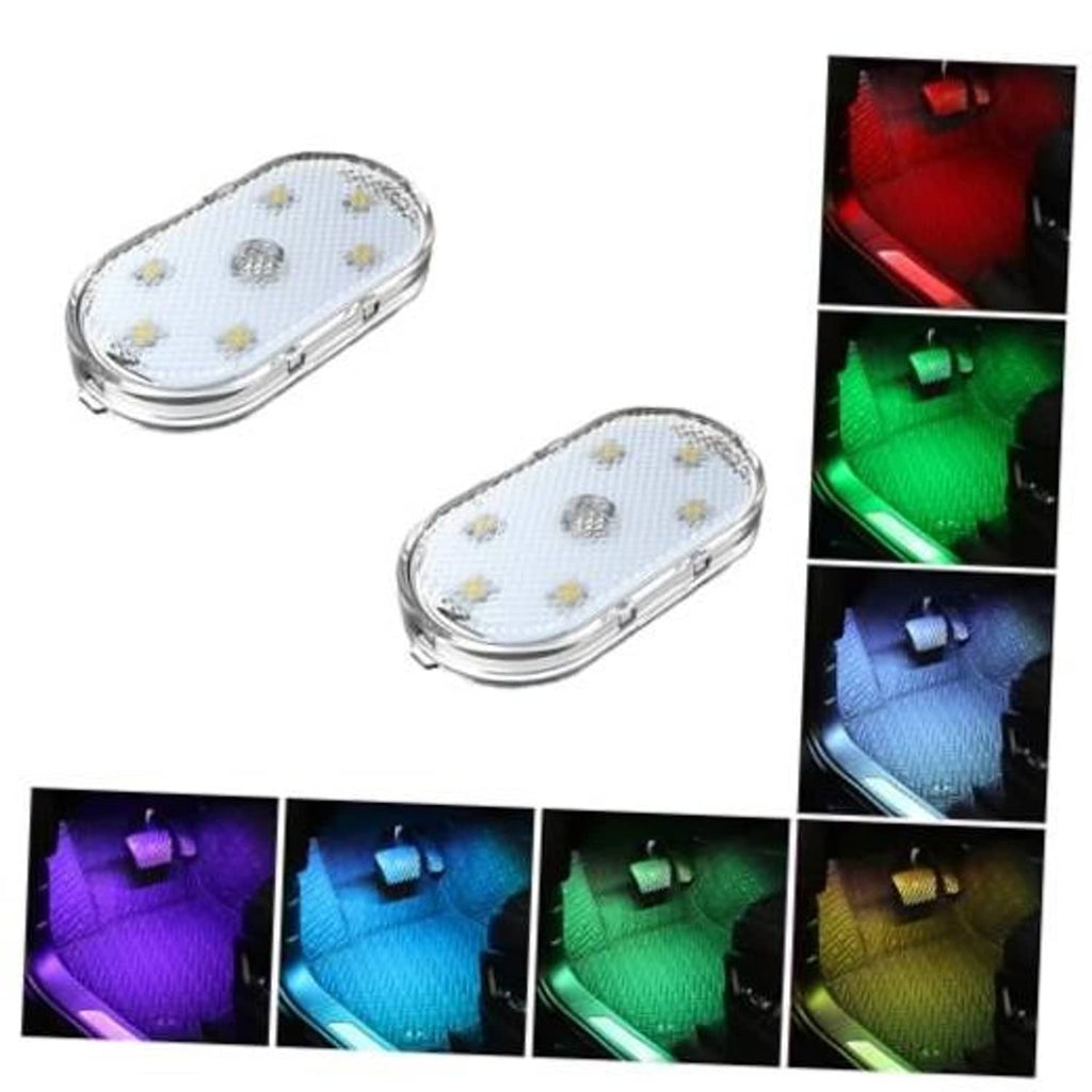 Two oval wireless LED light modules for car interior, with multicolor ambient glow.