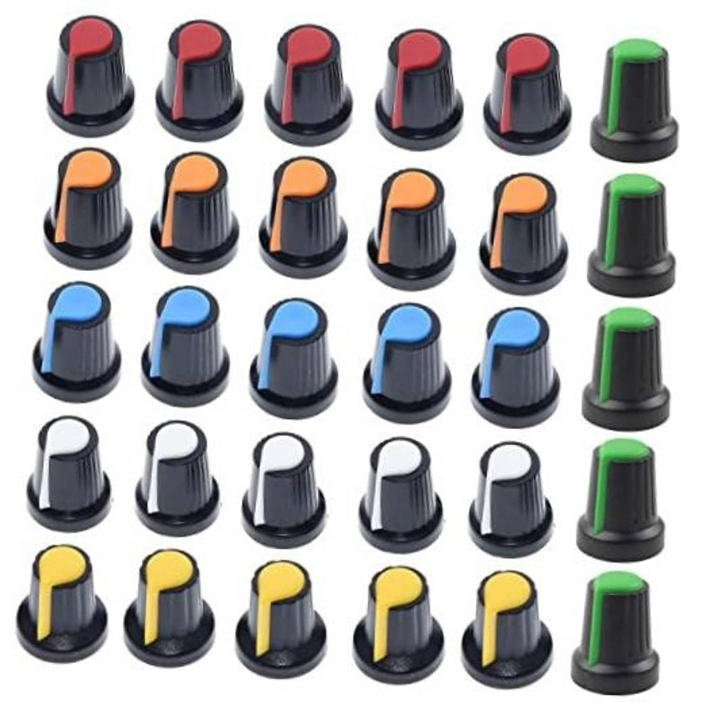 30-pack potentiometer knob switch caps, black bases with red, orange, blue, white, green tops