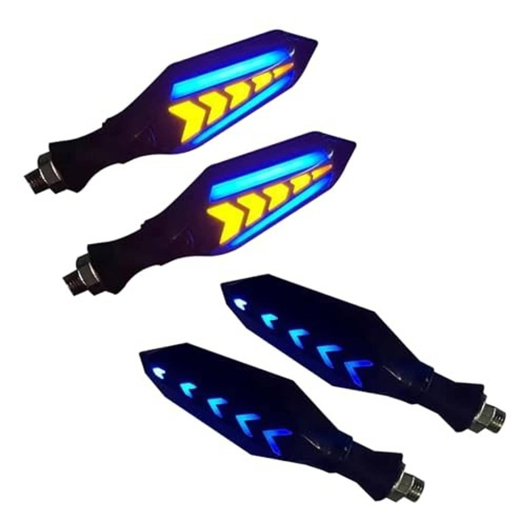 Set of arrow LED motorcycle turn indicator lights with blue and yellow daytime running glow