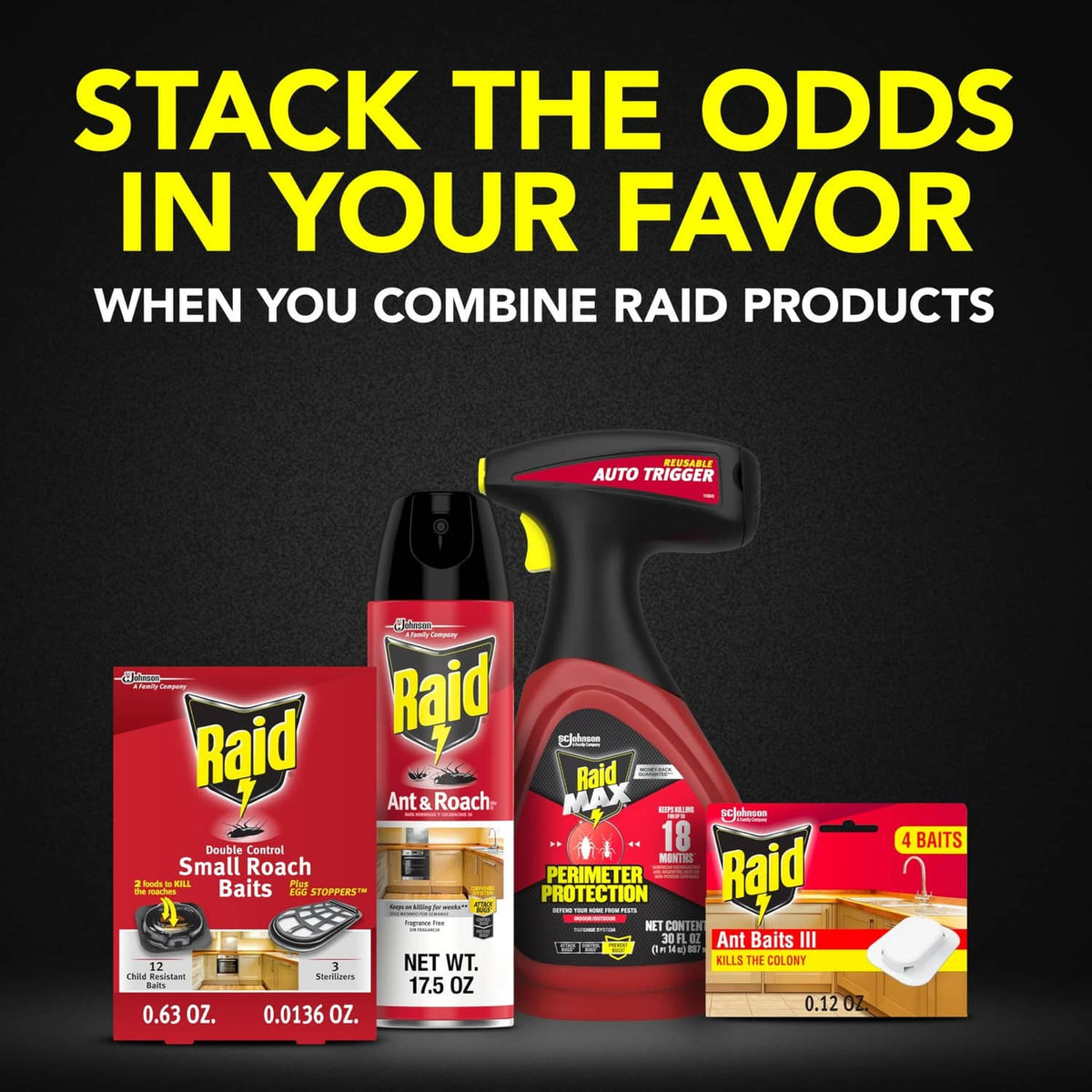 Raid roach bait packages and applicators shown together on a graphic background