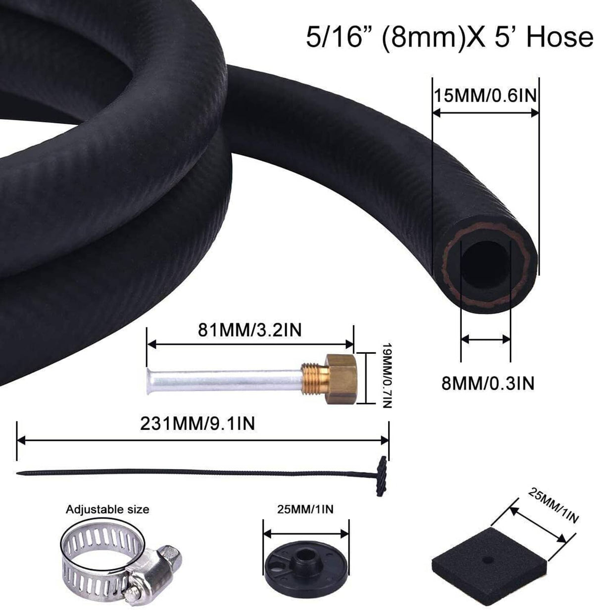 Black rubber oil cooler hose with brass adapter and mounting clamp