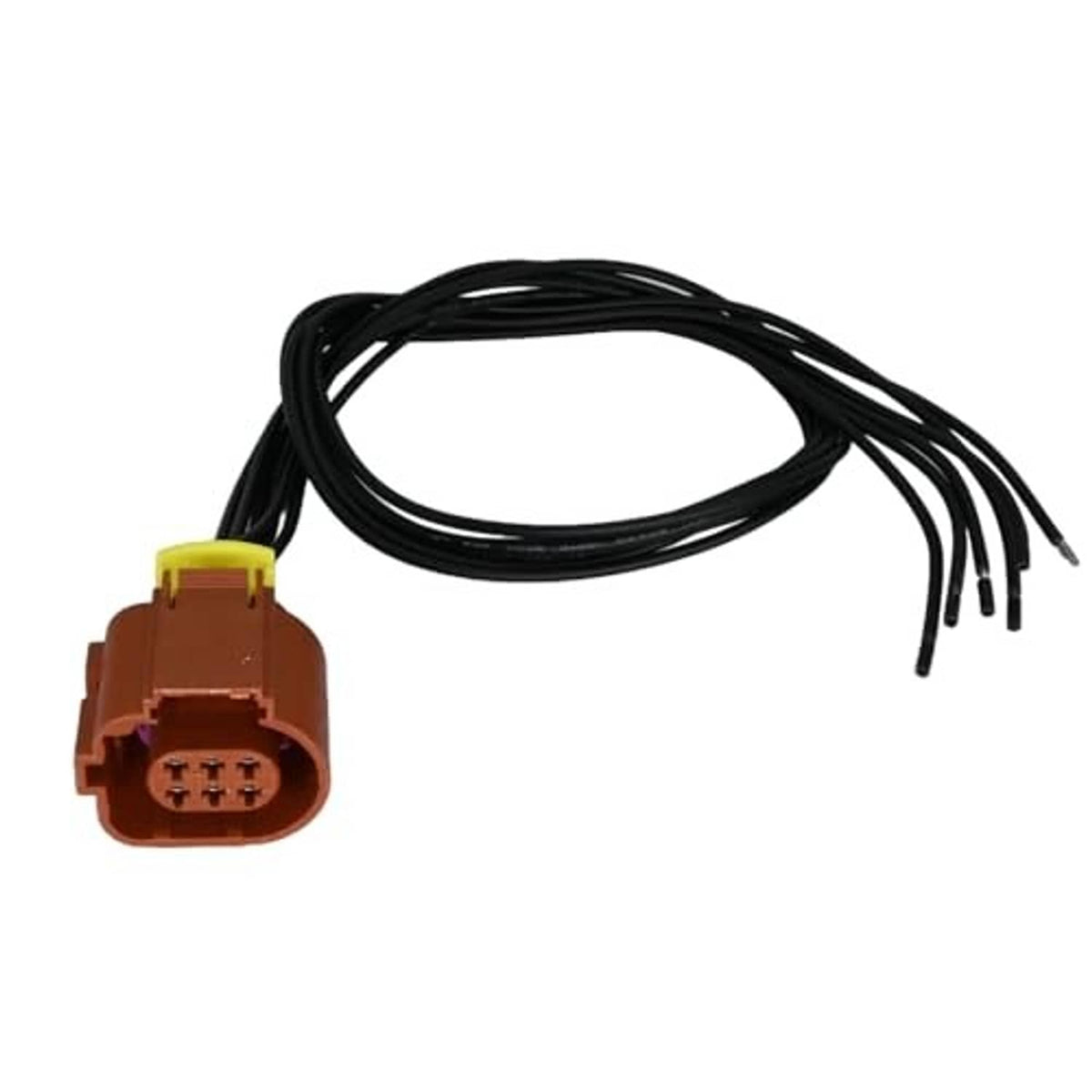 Electronic EGR valve connector with brown housing, yellow tab, and attached black wires