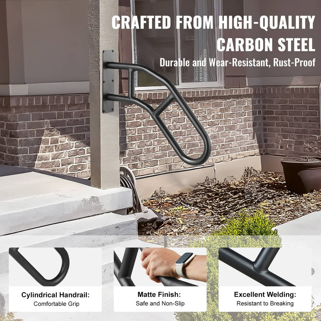 Wall-mounted handrail with included expansion screws and anchor hardware in matte black