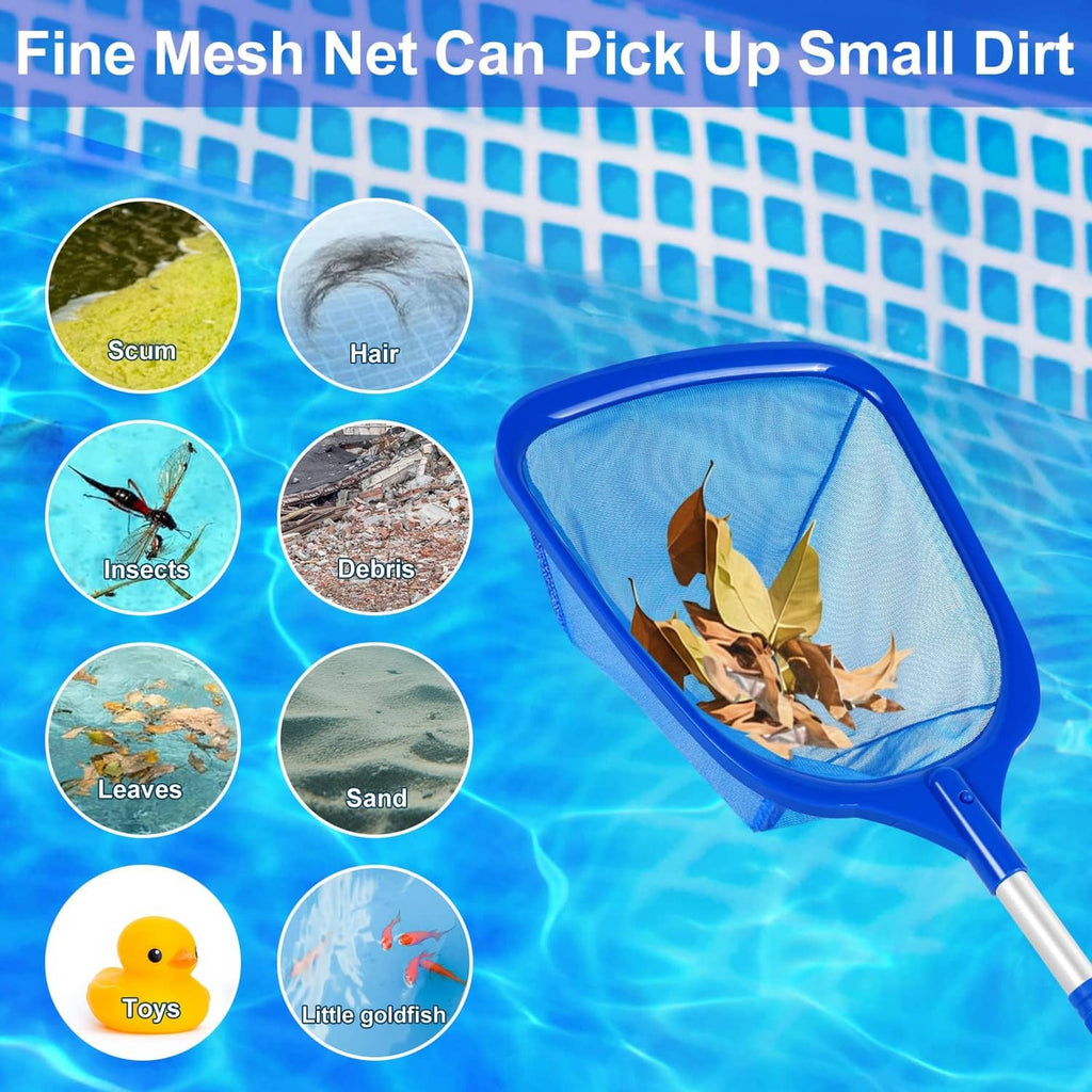 Blue fine-mesh pool skimmer net scooping leaves from the water