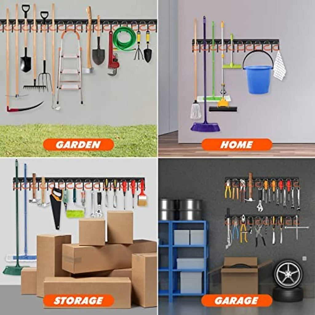 Metal garden and home tool organizer display with hooks holding brooms and hand tools