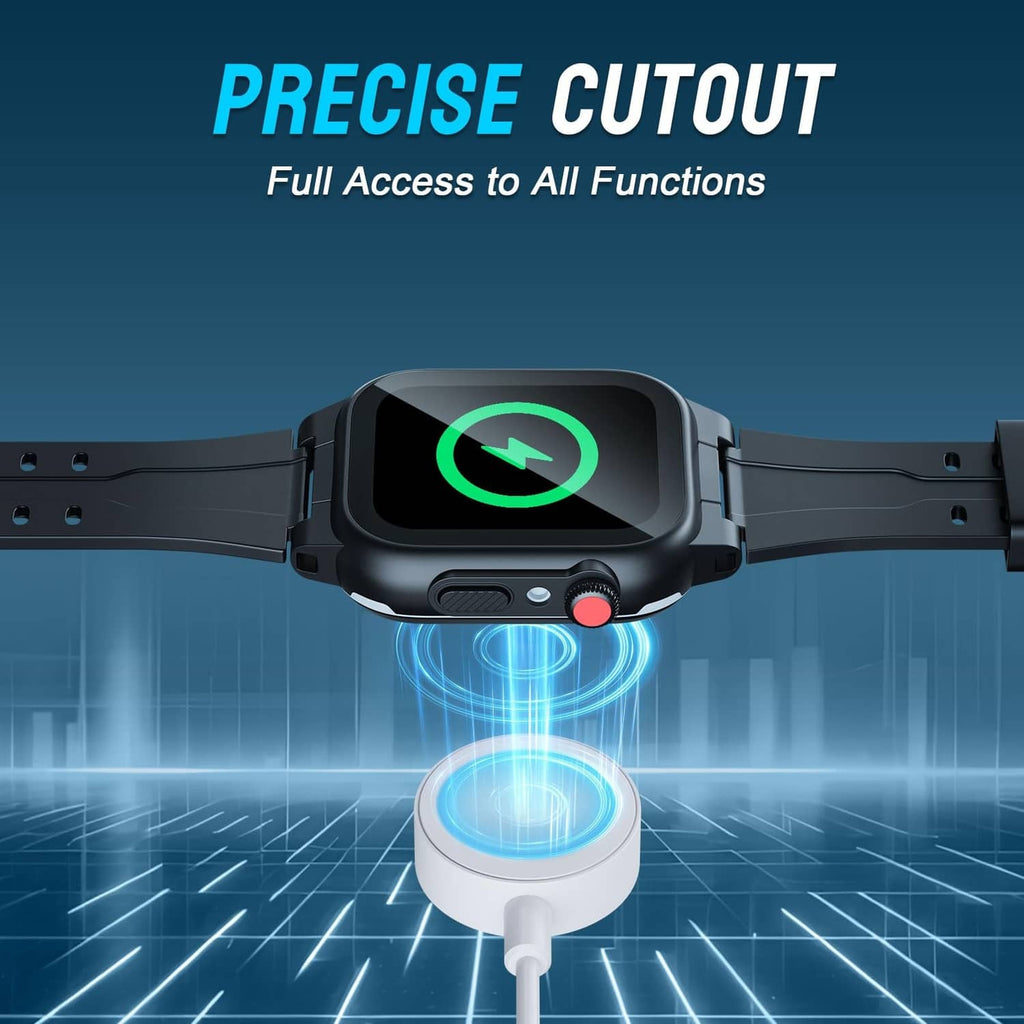 Black watch case with precise cutout for charging on durable rubber strap