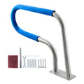 Stainless steel pool handrail with blue padded grips and square mounting base