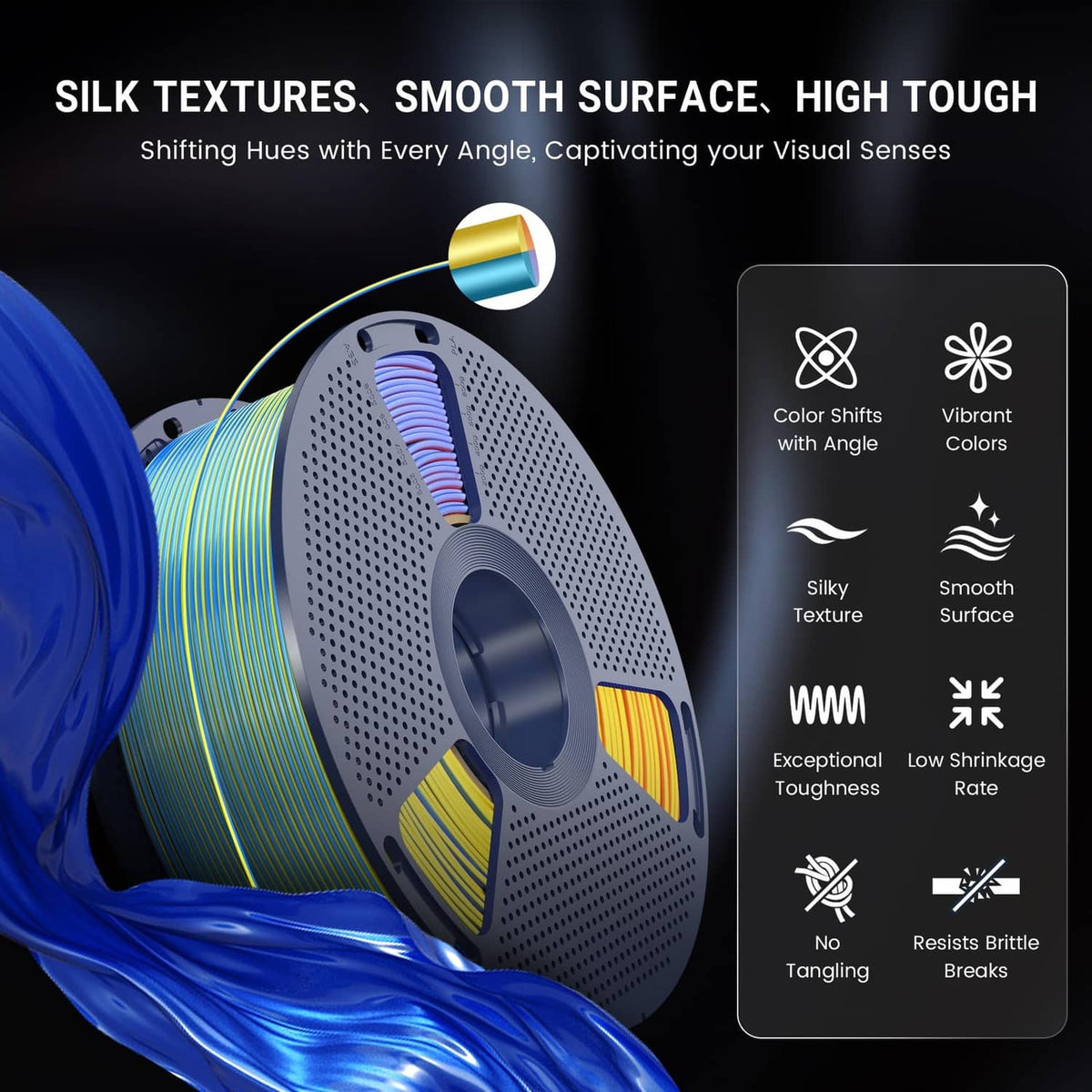 Silk PLA filament spool with rainbow winding and material feature icons
