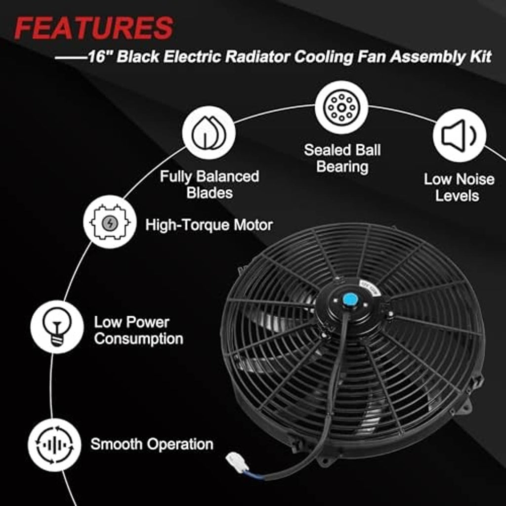 Black electric radiator cooling fan assembly with grille, motor hub, and wiring