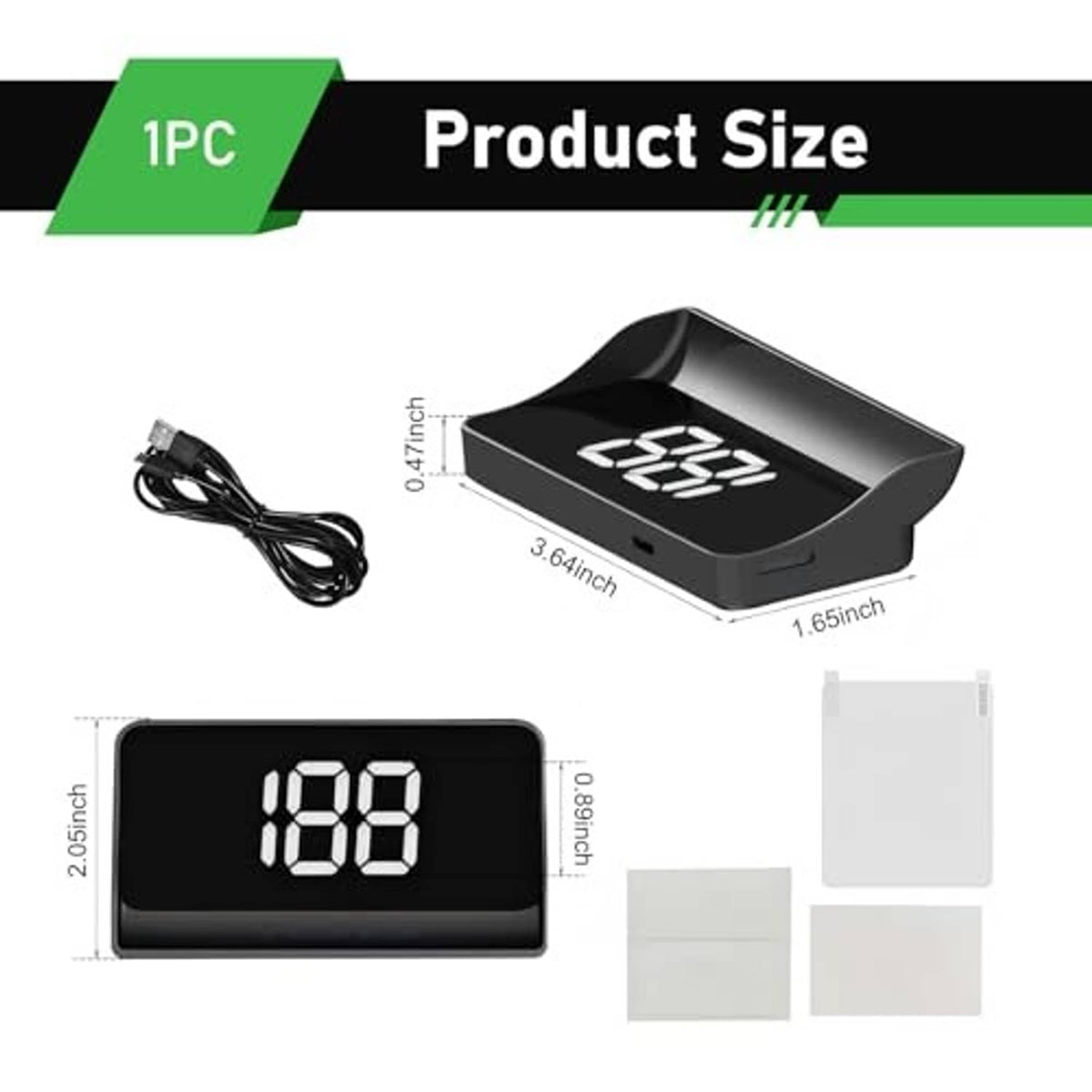 Car HUD speedometer display with size diagram and included power cable, 1pc