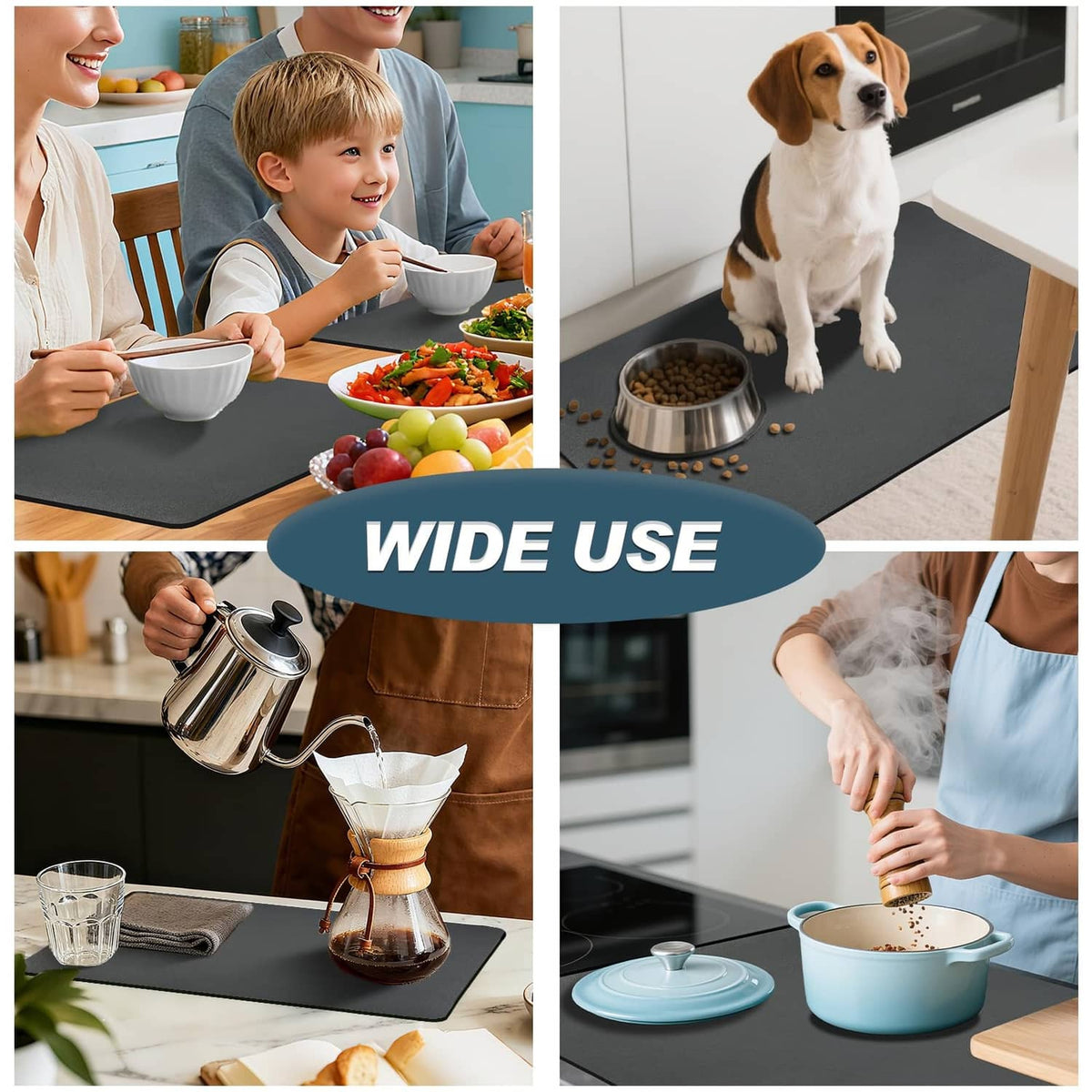 Deep gray mat used for meals and feeding dishes, wide counter coverage