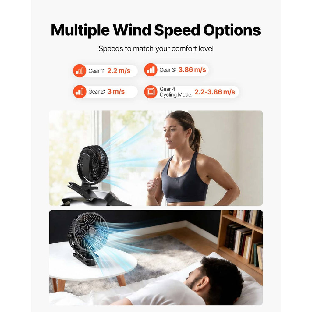 Black portable fan with circular grille and base on a clip-on stand