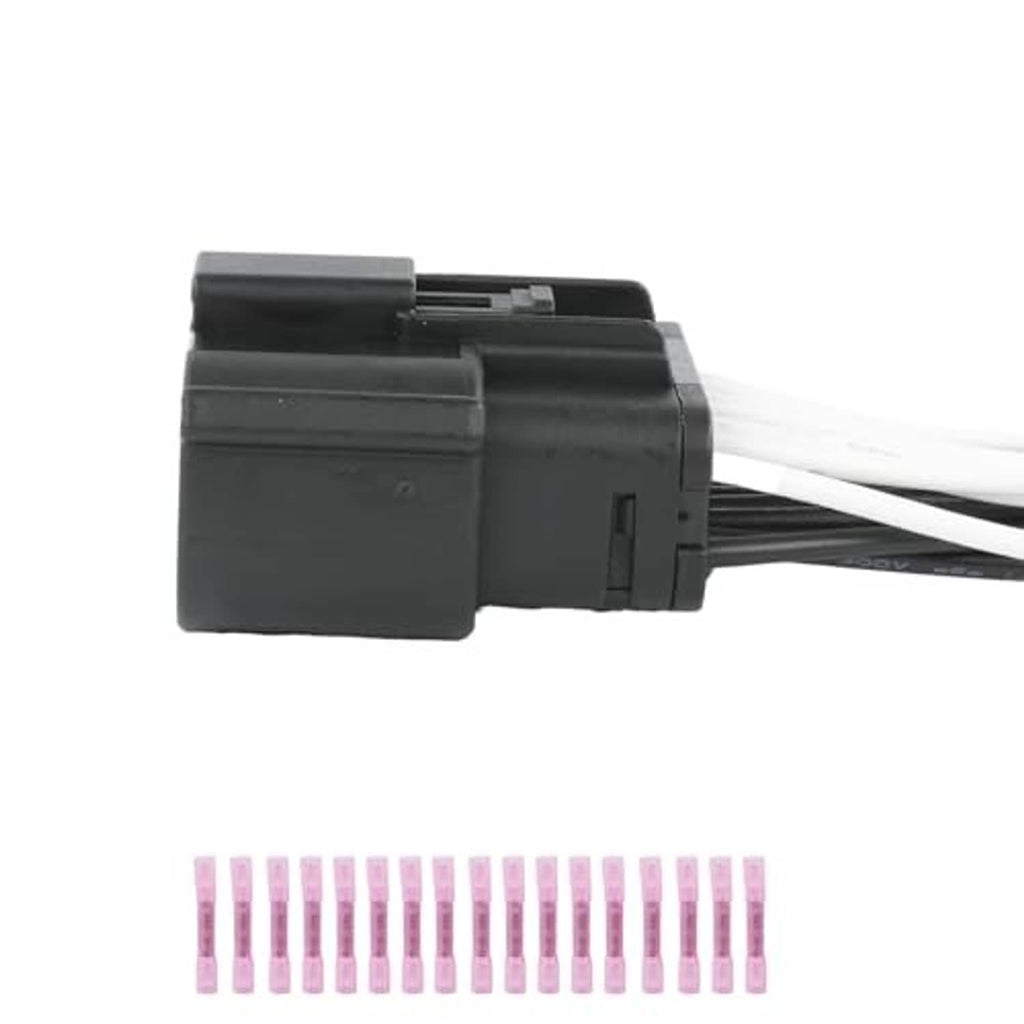Headlight connector socket with black housing and white wire leads, angled view
