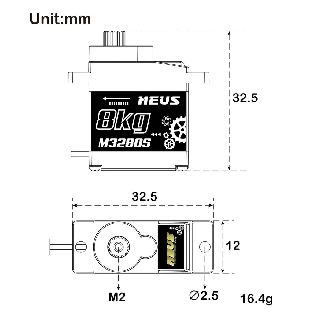 RC micro servo dimension diagram in mm with 32.5 and 12 height measurements