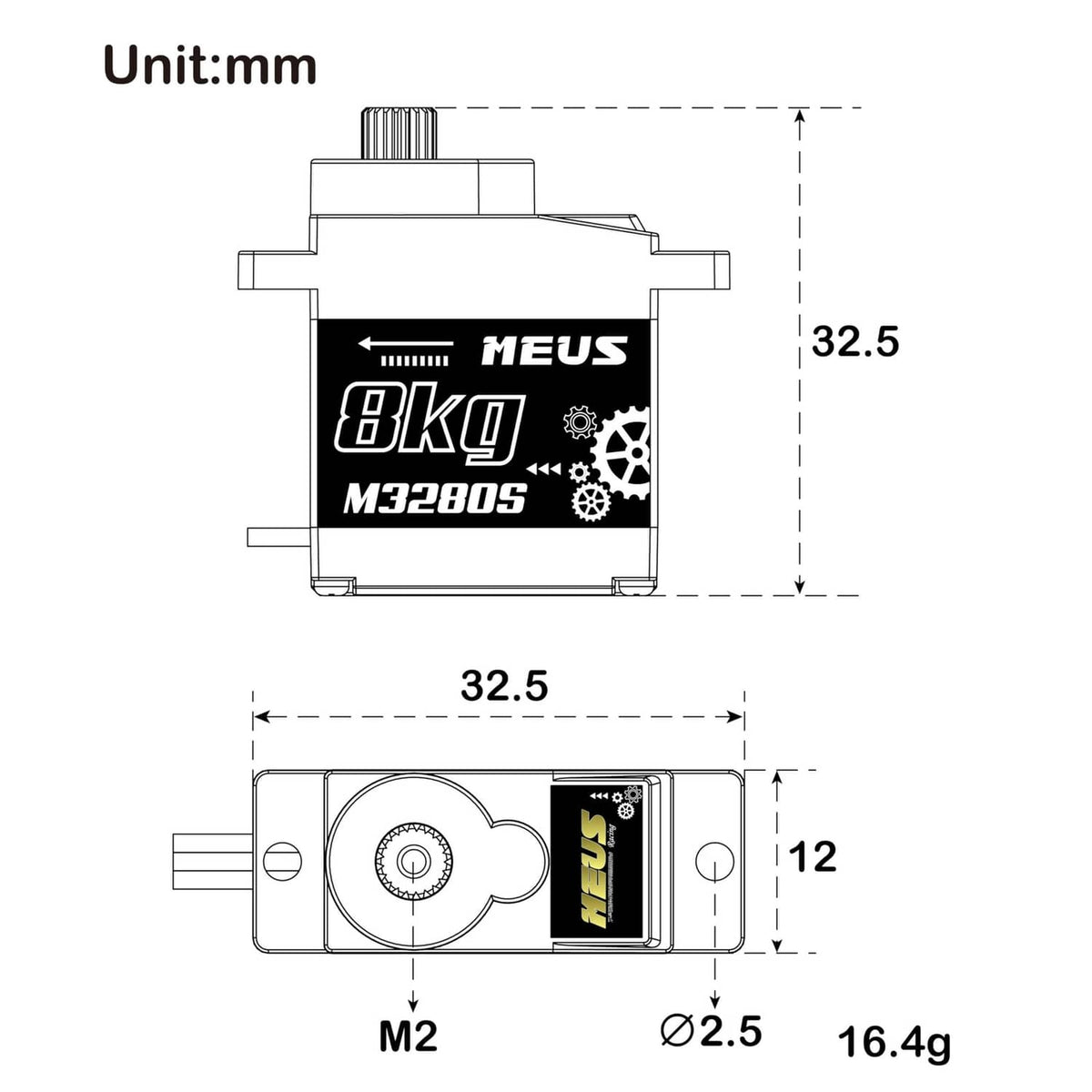 RC micro servo dimension diagram in mm with 32.5 and 12 height measurements
