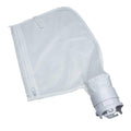 White fine-mesh pool debris bag with zipper closure and hose attachment