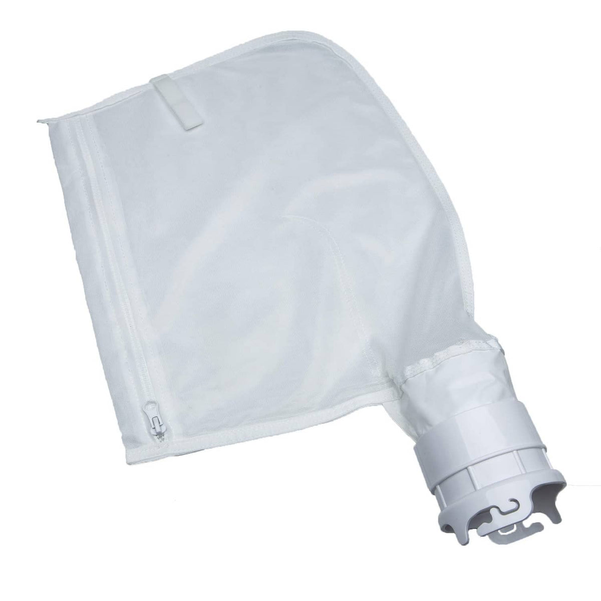 White fine-mesh pool debris bag with zipper closure and hose attachment