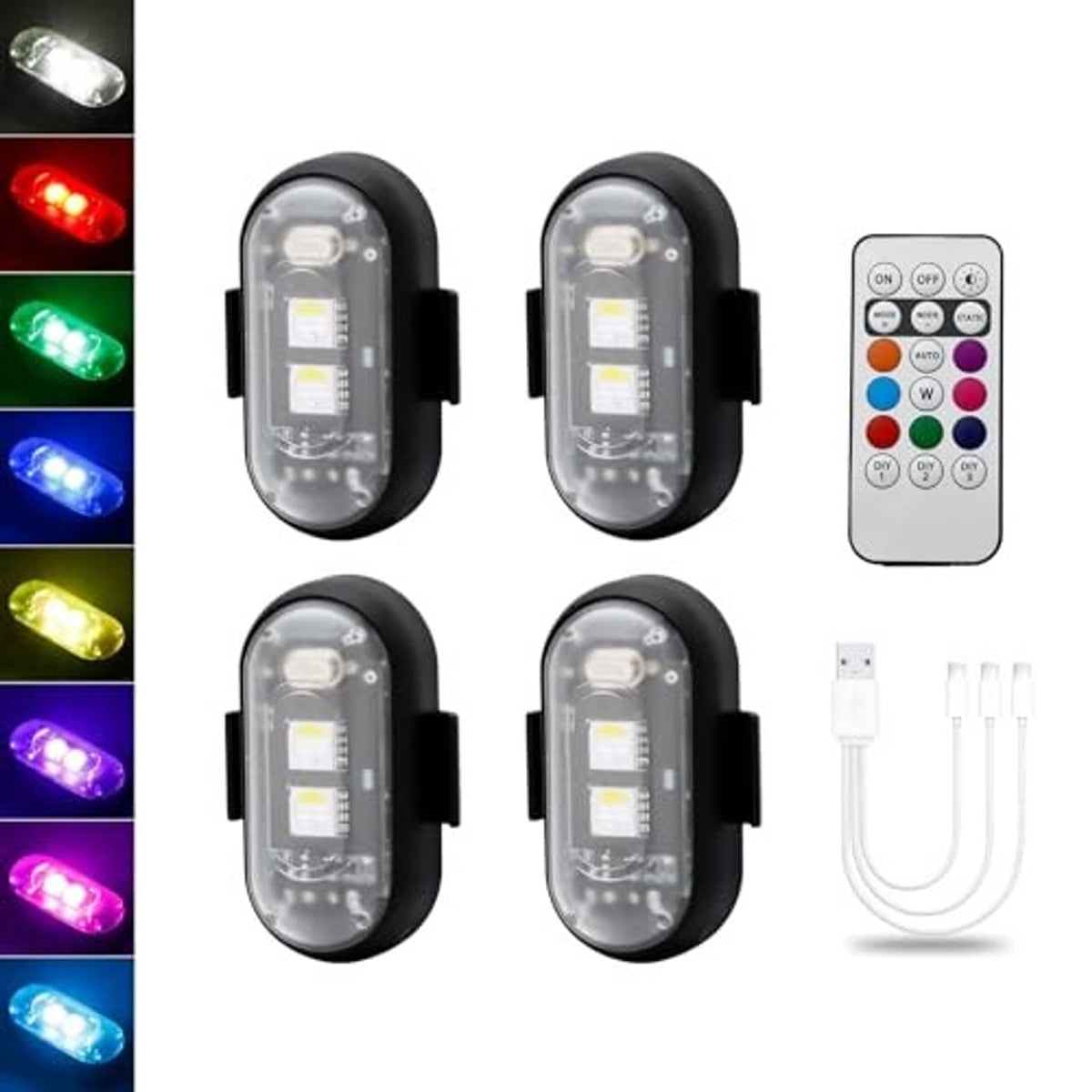 Magnetic LED strobe light set with remote, four black light pods with USB connectors