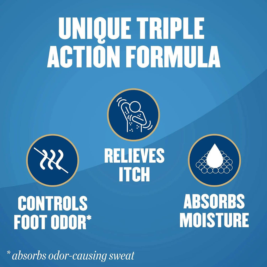 Triple action formula icon graphic for itch relief, foot odor control, and moisture absorption